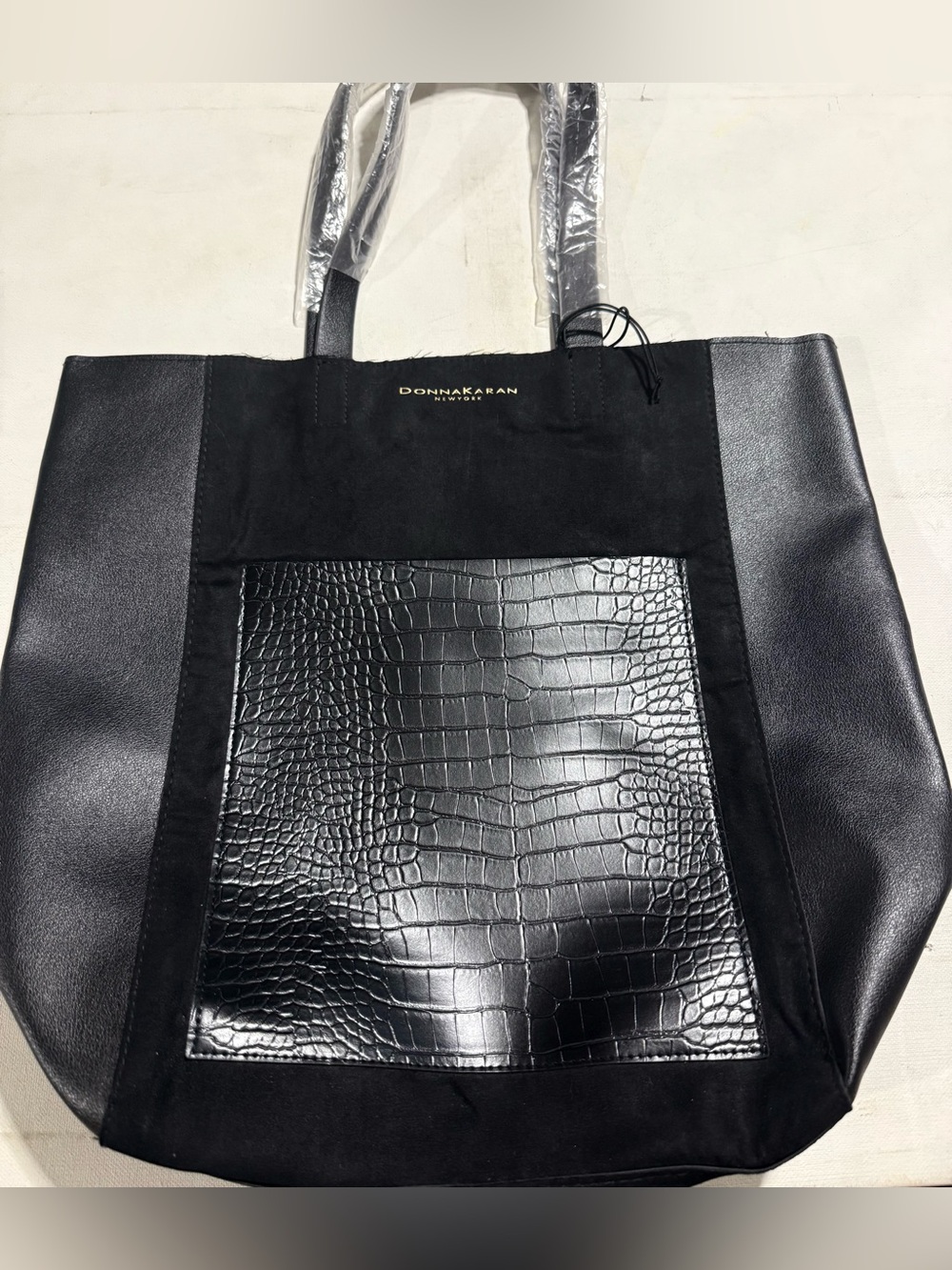 Donna Karan Black Croc-Texture and Smooth Panel Tote